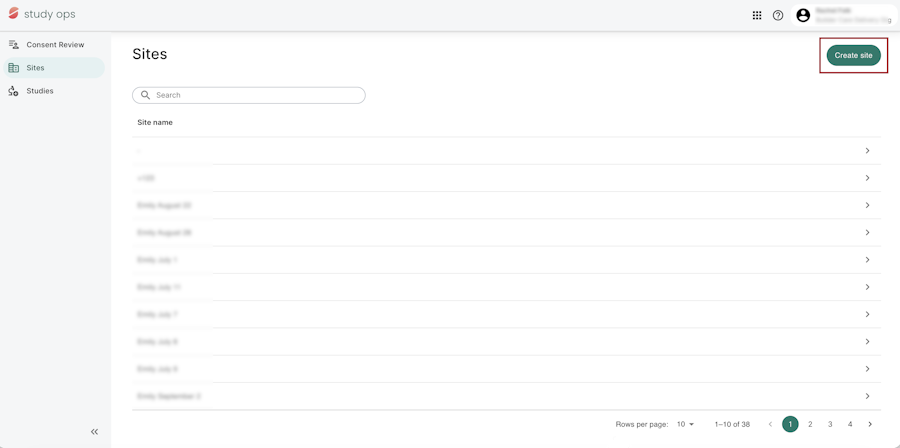 Sites list screen with the Create site button highlighted