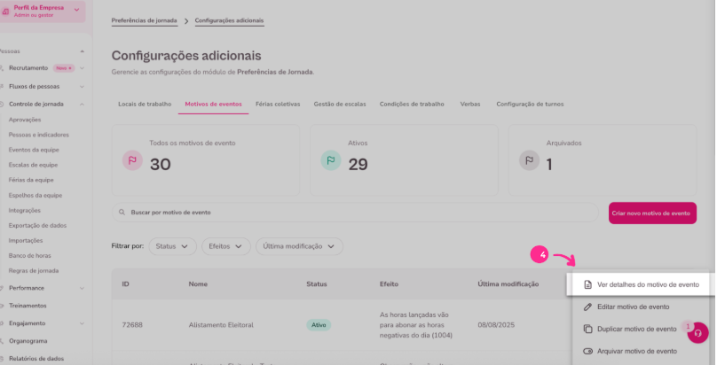 imagem com destaque no menu de preferências de jornada e para opção de ver detalhes do motivo de evento.