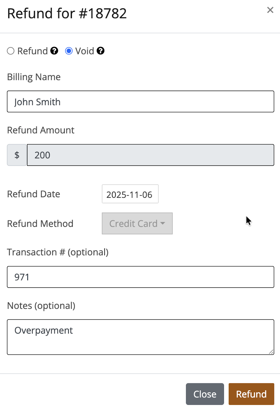 Image of the Void payment screen with the Amount, Date, Method, Transaction number, and Notes fields completed as described below.