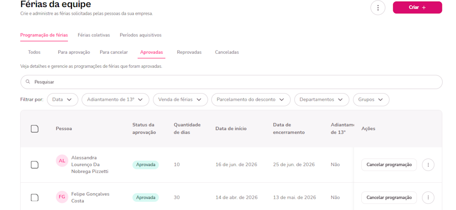 imagem exemplo da tela de férias aprovadas da plataforma Flash