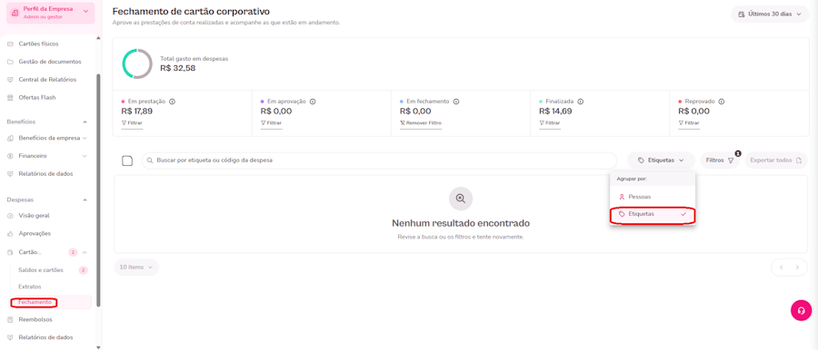 imagem com destaque para o menu de fechamento com filtro por etiqueta