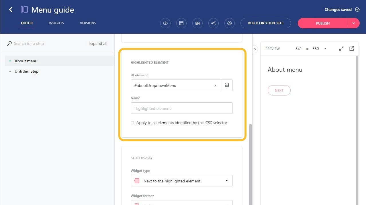 Guide editor for a tour guide with the UI element block highlighted. - click to enlarge Guide editor for a tour guide with the UI element block highlighted.
