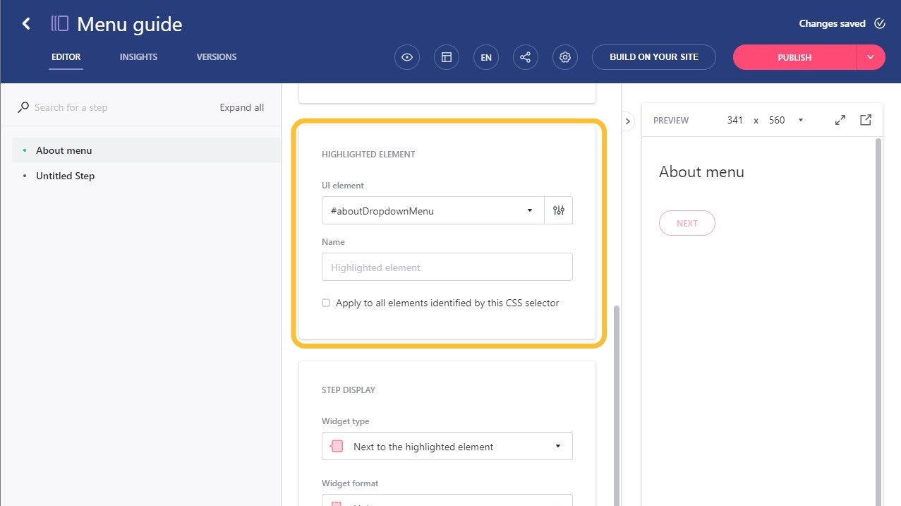 Guide editor for a tour guide with the UI element block highlighted. - click to enlarge Guide editor for a tour guide with the UI element block highlighted.