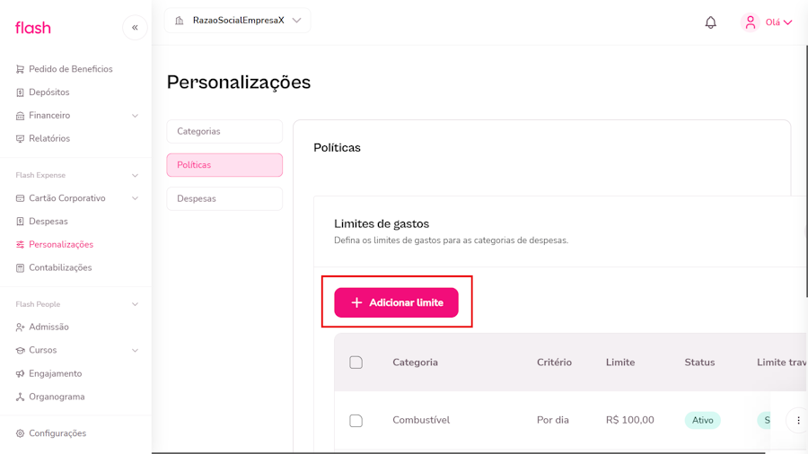 imagem da plataforma com destaque para o botão adicionar limite dentro do botão política