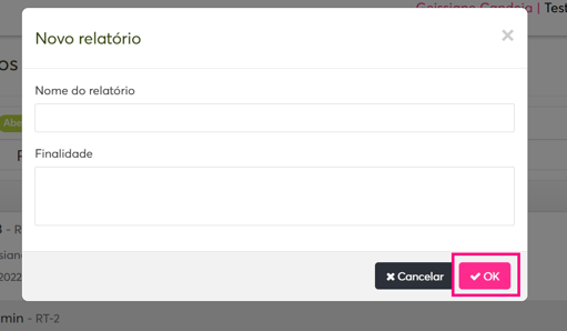 imagem da plataforma do menu novo relatório com destaque para opção de ok.