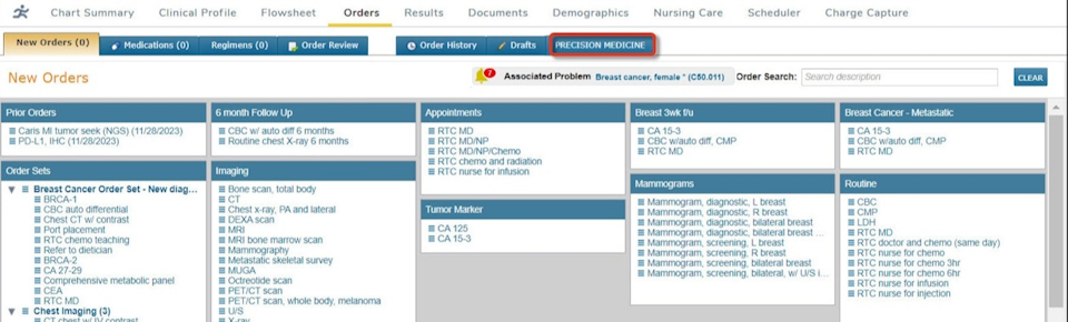 the Orders chart tab with the Precision Medicine button highlighted - click to enlarge the Orders chart tab with the Precision Medicine button highlighted