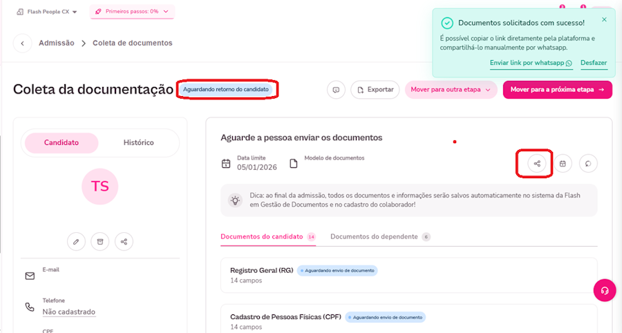 imagem exemplo de card de candidato com destaque para opção de compartilhar link