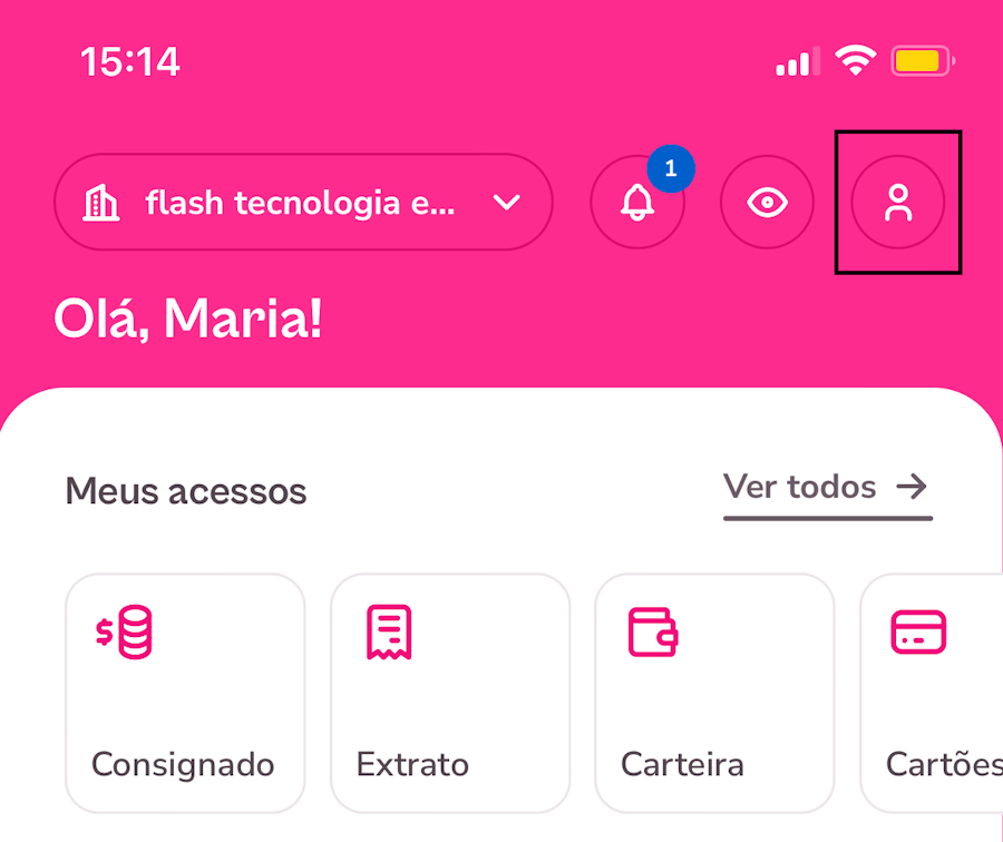 Imagem do aplicativo na tela inicial com destaque para o ícone do avatar.