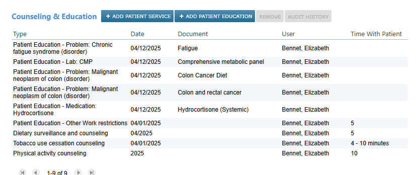 The Counseling & Education list under Clinical Profile Health Maintenance - click to enlarge The Counseling & Education list under Clinical Profile Health Maintenance