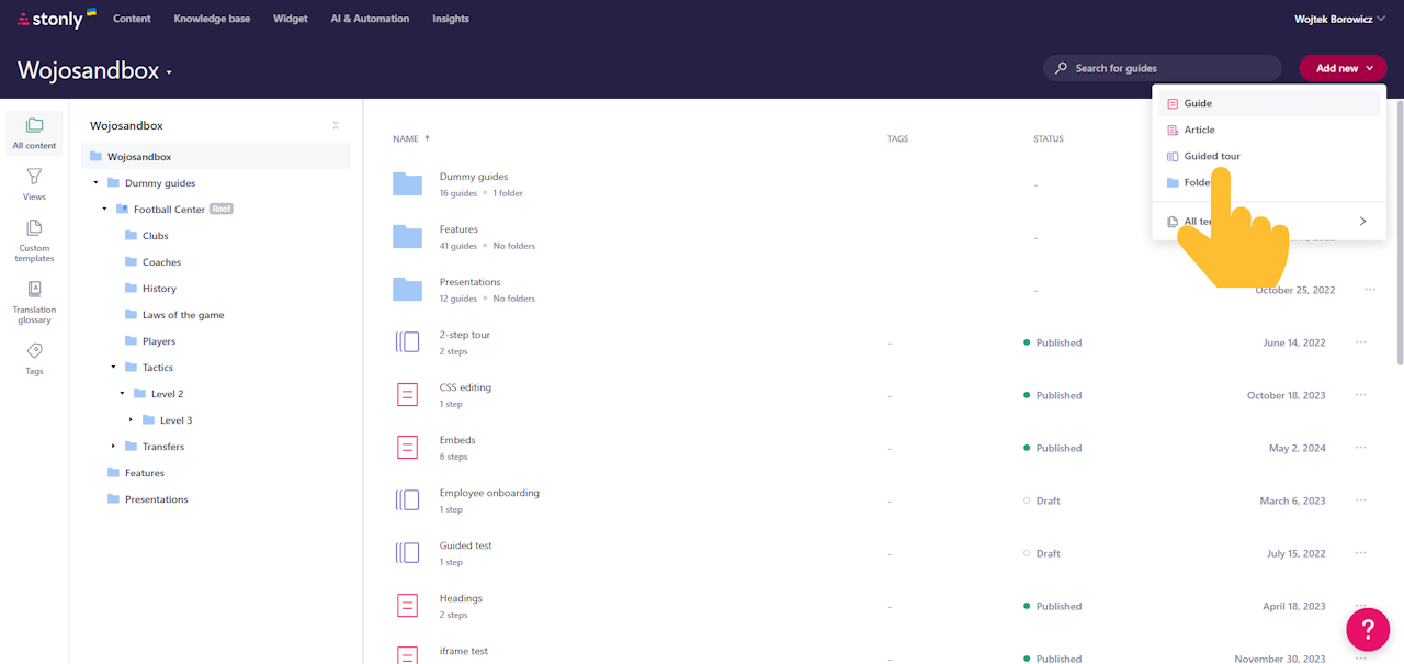 Guides tab with the Add new dropdown menu open and highlighted. - cliquez pour agrandir Guides tab with the Add new dropdown menu open and highlighted.