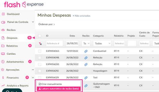 Visão para adicionar por leitura automática.