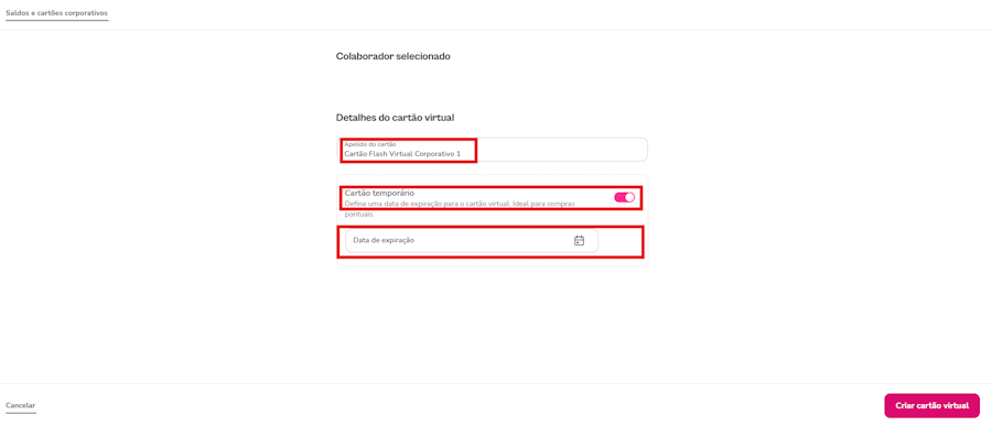 Imagem mostra o passo a passo na plataforma para criação do cartão virtual corporativo pelo administrador