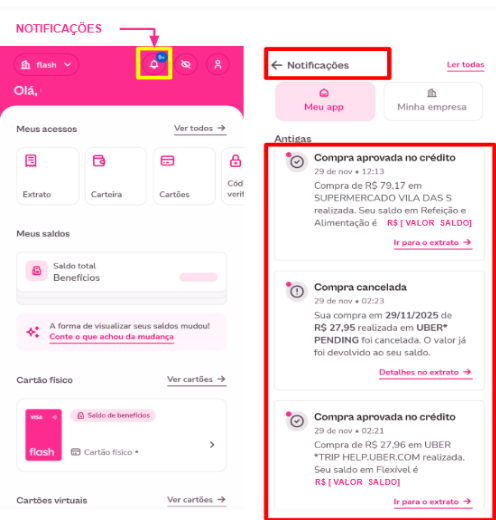 imagem do aplicativo com destaque para transação negada exemplo