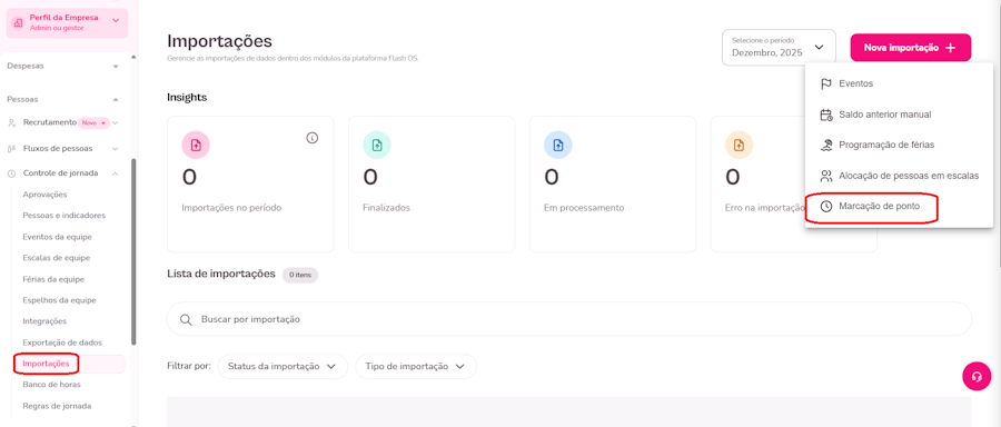 Imagem da plataforma com destaque para o menu de importações e marcação de ponto
