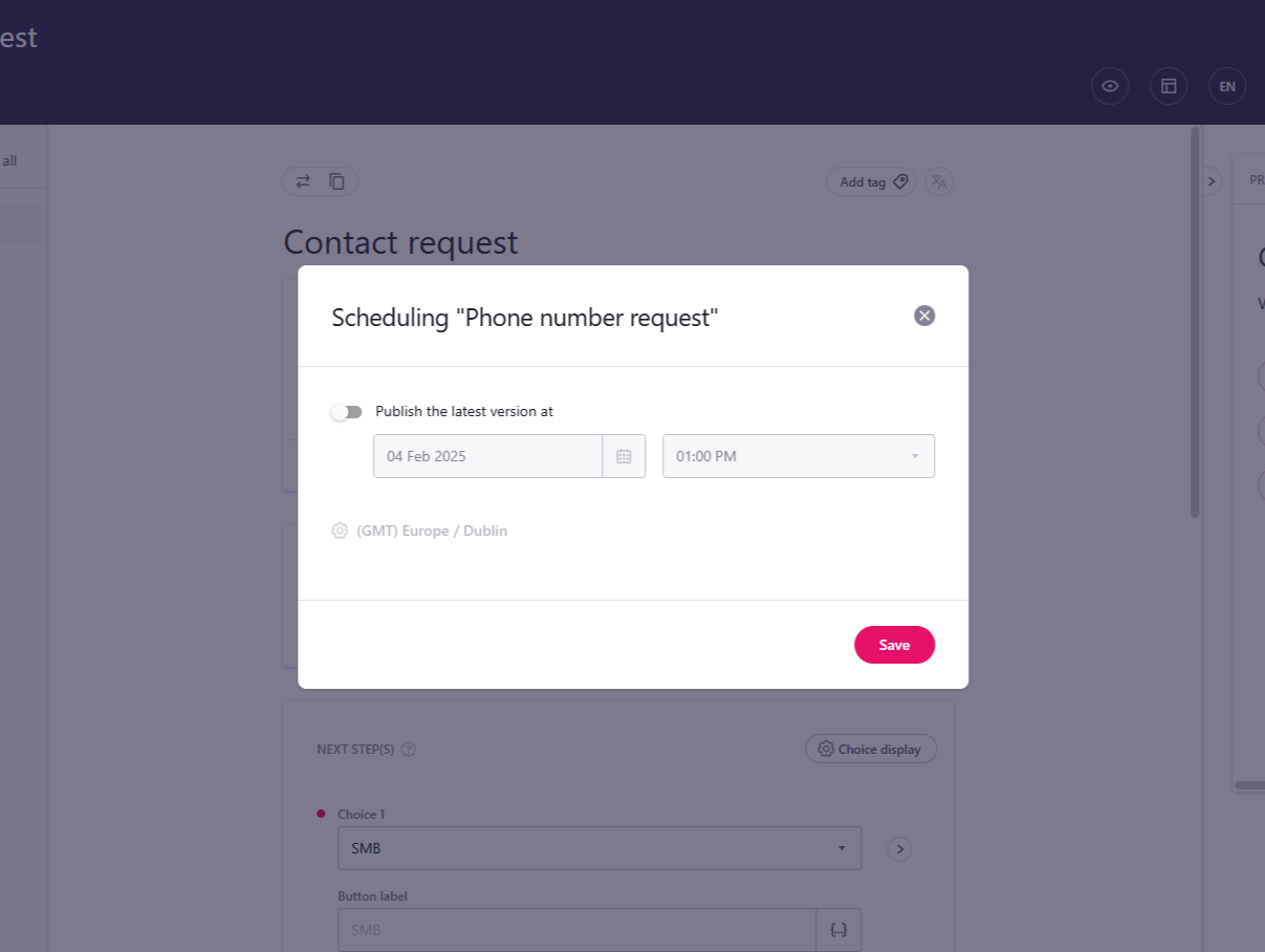 Scheduling modal open. - cliquez pour agrandir Scheduling modal open.