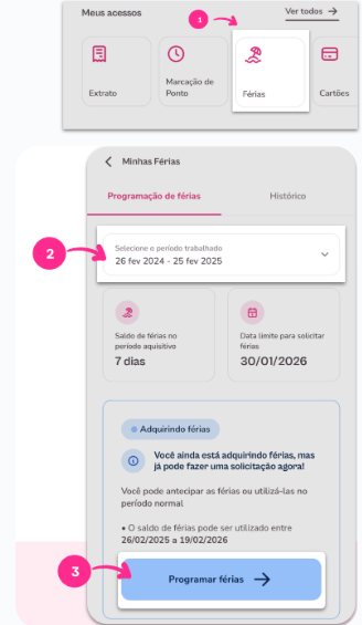 Lançamento e solicitação de eventos. Tela via app para solicitar férias