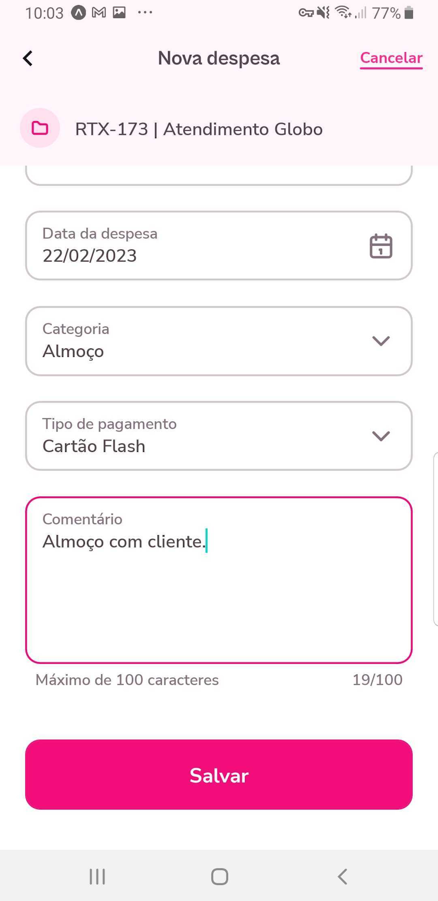 imagem exemplo do campo de comentário via app