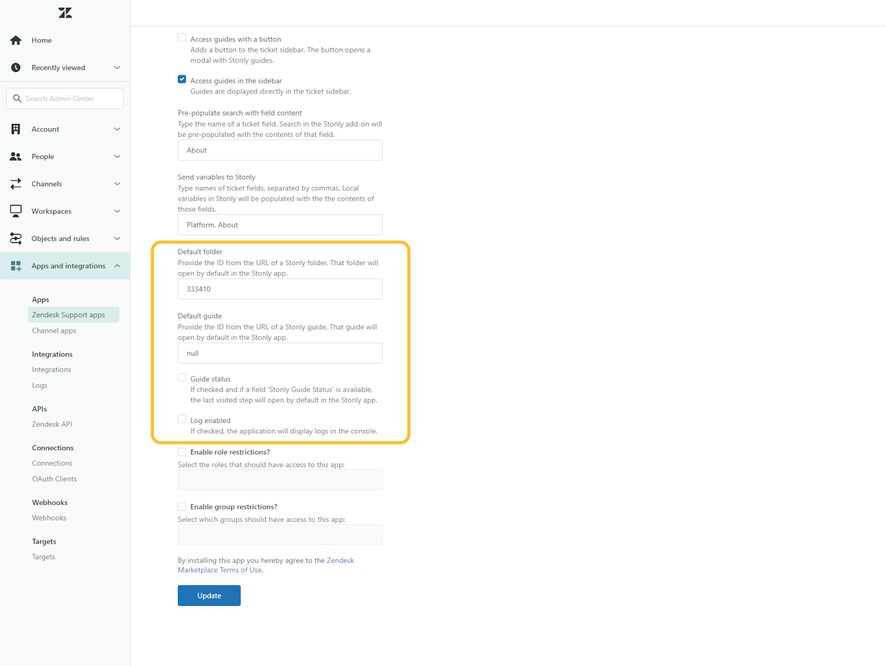 Stonly app settings in Zendesk with additional options highlighted - click to enlarge Stonly app settings in Zendesk with additional options highlighted