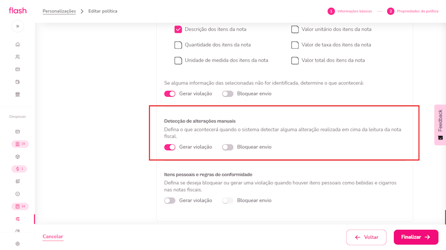 Configurar politica de despesa. Menu de detecção de alterações manuais.