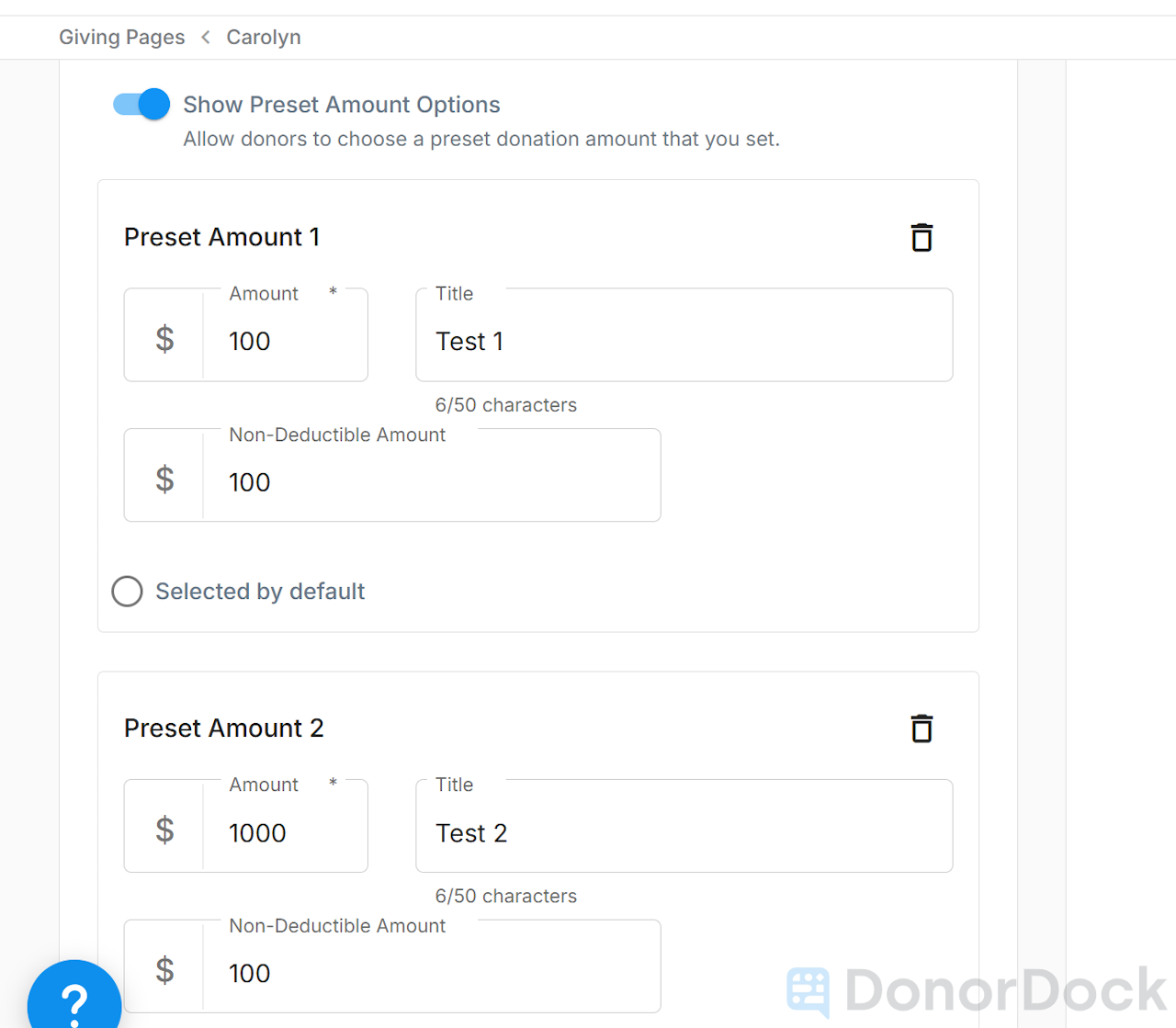 GIVING PAGE SETTINGS FOR NONDEDUCTIBLE AMOUNT ON A PRESET GIVING AMOUNT - click to enlarge GIVING PAGE SETTINGS FOR NONDEDUCTIBLE AMOUNT ON A PRESET GIVING AMOUNT