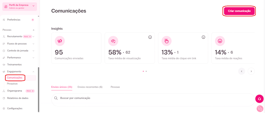 Gif com o passo a passo para criar uma comunicação na plataforma