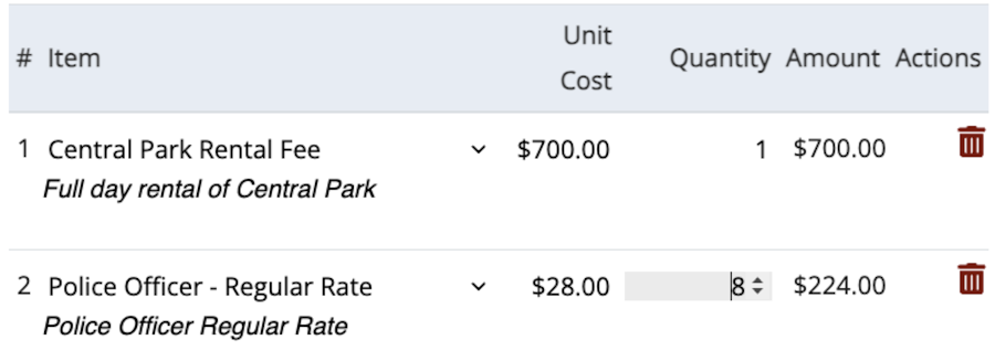 Shows items added to the invoice with the Unit Cost, Quantity, and Amount columns.