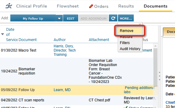The Documents tab with the More > Remove option highlighted - click to enlarge The Documents tab with the More > Remove option highlighted