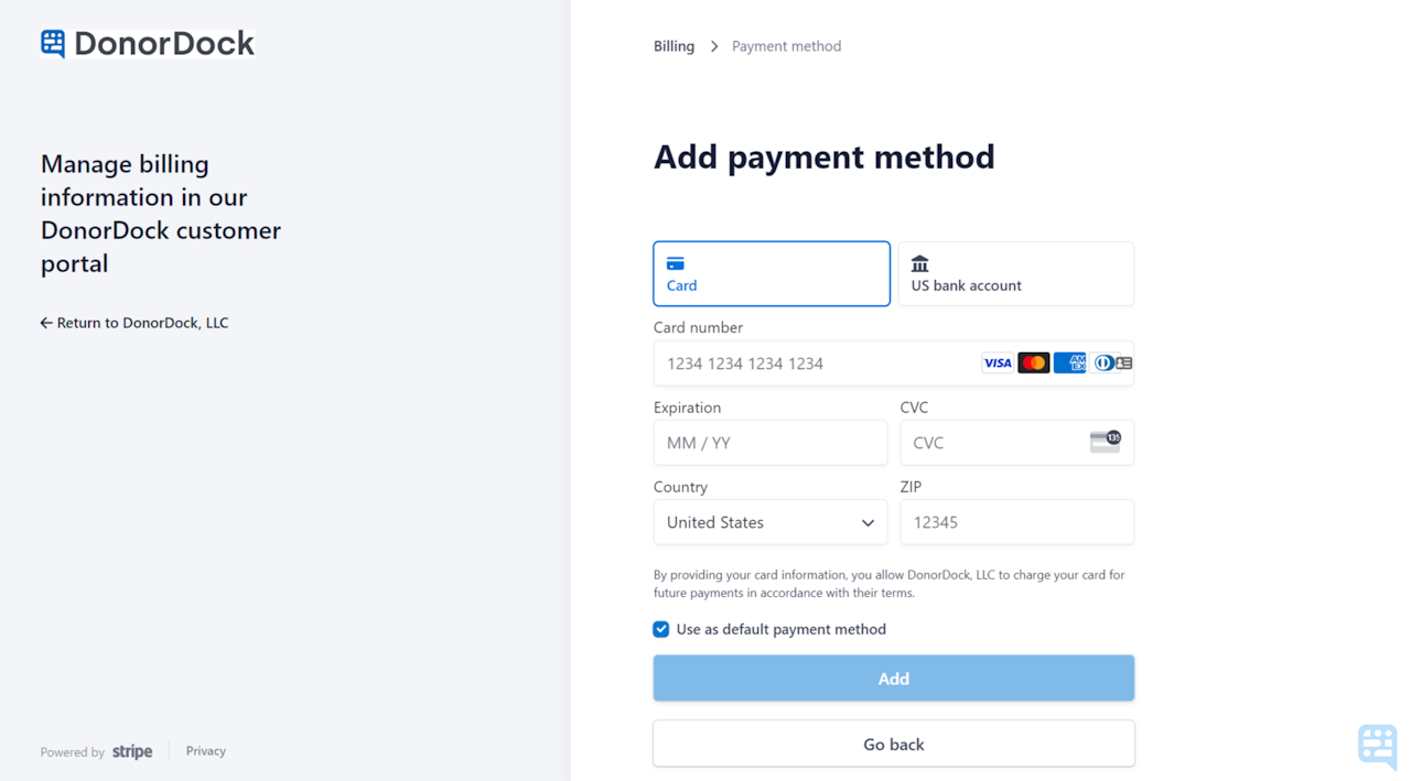 ADD PAYMENT METHOD PROMPT PAGE. OPTIONS TO SELECT CREDIT CARD OR US BANK ACCOUNT (ACH) INFORMATION BEFORE CLICKING TO CONFIRM ADDITION AS A PAYMENT METHOD. CHECKMARK AVAILABLE TO SET AS NEW DEFAULT PAYMENT METHOD - click to enlarge ADD PAYMENT METHOD PROMPT PAGE. OPTIONS TO SELECT CREDIT CARD OR US BANK ACCOUNT (ACH) INFORMATION BEFORE CLICKING TO CONFIRM ADDITION AS A PAYMENT METHOD. CHECKMARK AVAILABLE TO SET AS NEW DEFAULT PAYMENT METHOD