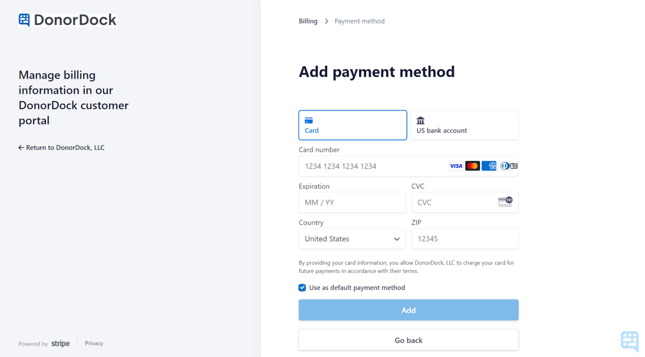 ADD PAYMENT METHOD PROMPT PAGE. OPTIONS TO SELECT CREDIT CARD OR US BANK ACCOUNT (ACH) INFORMATION BEFORE CLICKING TO CONFIRM ADDITION AS A PAYMENT METHOD. CHECKMARK AVAILABLE TO SET AS NEW DEFAULT PAYMENT METHOD - click to enlarge ADD PAYMENT METHOD PROMPT PAGE. OPTIONS TO SELECT CREDIT CARD OR US BANK ACCOUNT (ACH) INFORMATION BEFORE CLICKING TO CONFIRM ADDITION AS A PAYMENT METHOD. CHECKMARK AVAILABLE TO SET AS NEW DEFAULT PAYMENT METHOD