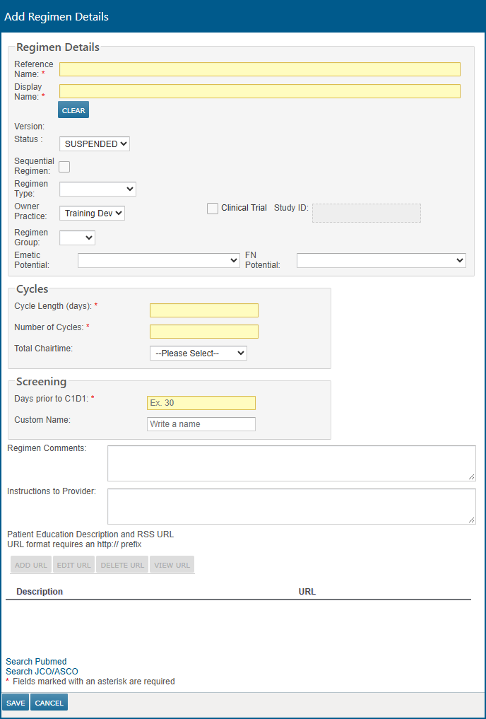 The Add Regimen Details window - click to enlarge The Add Regimen Details window