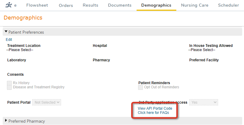The Patient Preferences section showing the 3rd Party Application Access links highlighted - click to enlarge The Patient Preferences section showing the 3rd Party Application Access links highlighted