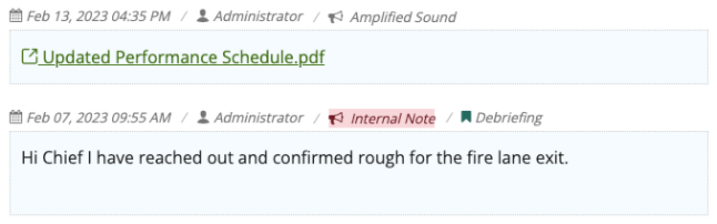 Communication log showing both applicant-facing and internal only comments.