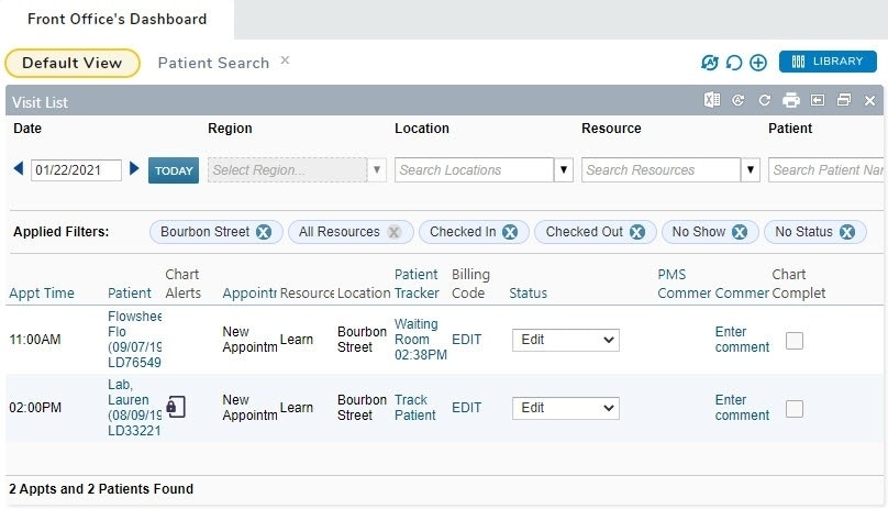 The Default View Dashboard with the Visit List widget - click to enlarge The Default View Dashboard with the Visit List widget