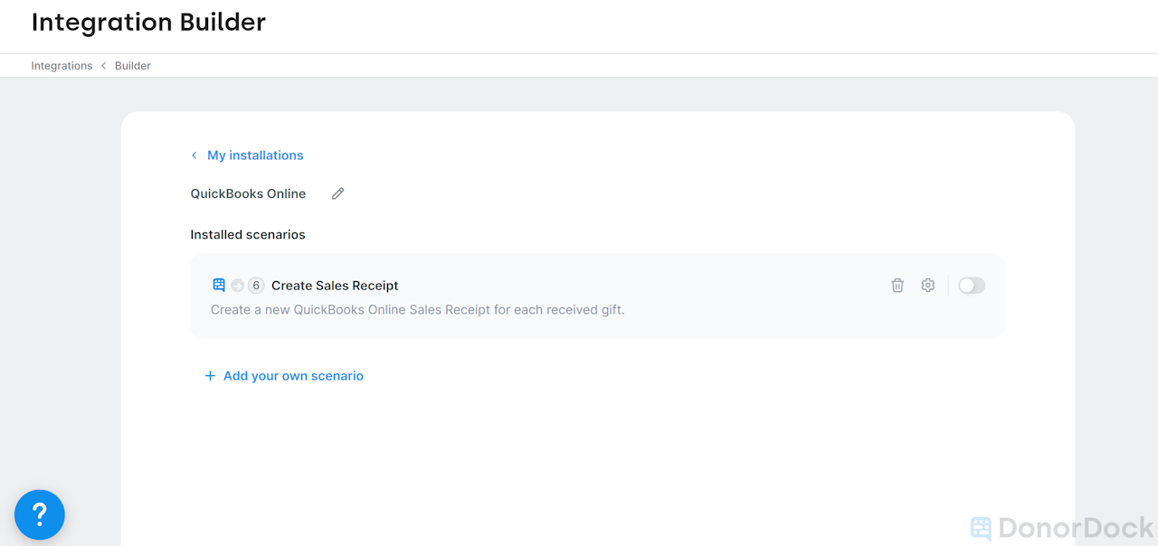 QUICKBOOKS ONLINE INSTALLATION SCENARIO FOR CREATING A SALES RECEIPT FROM A DONORDOCK GIFT - click to enlarge QUICKBOOKS ONLINE INSTALLATION SCENARIO FOR CREATING A SALES RECEIPT FROM A DONORDOCK GIFT