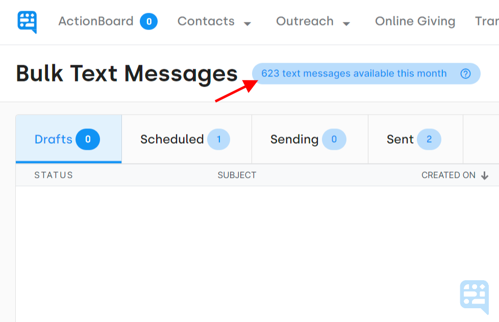 BULK TEXT MESSAGE PAGE SHOWING BLUE COUNTER OF AVAILABLE TEXT CREDITS THIS MONTH - click to enlarge BULK TEXT MESSAGE PAGE SHOWING BLUE COUNTER OF AVAILABLE TEXT CREDITS THIS MONTH