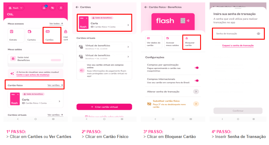 imagens com instruções no aplicativo para bloquear cartão