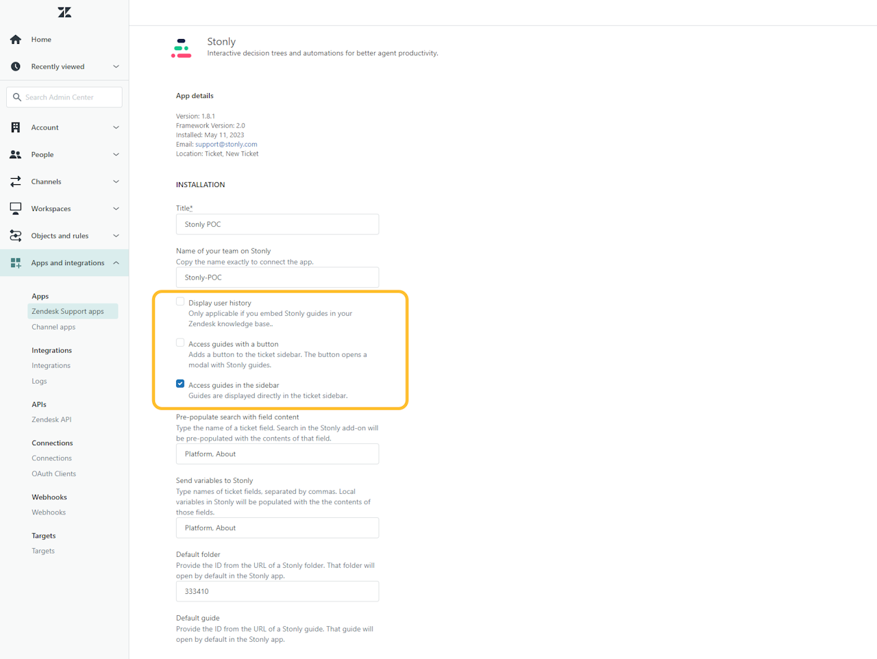 Stonly app configuration page in Zendesk with settings highlighted - click to enlarge Stonly app configuration page in Zendesk with settings highlighted