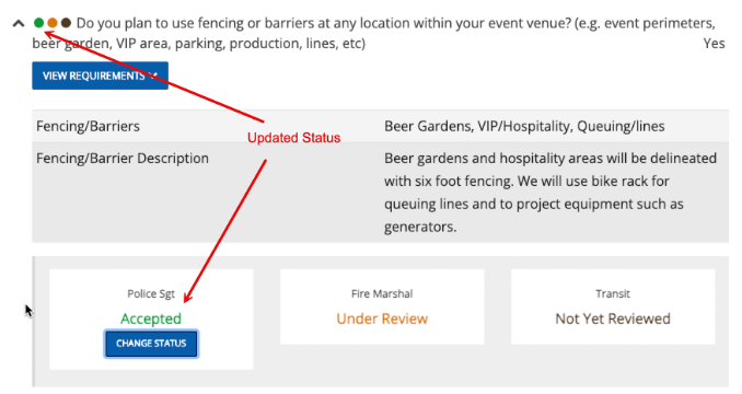 Image showing the correlation between the status dot and the status inside the application section