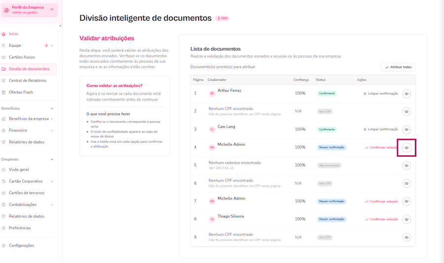 imagem da plataforma na sessão de divisão inteligente de documentos com destaque para o ícone visualizar