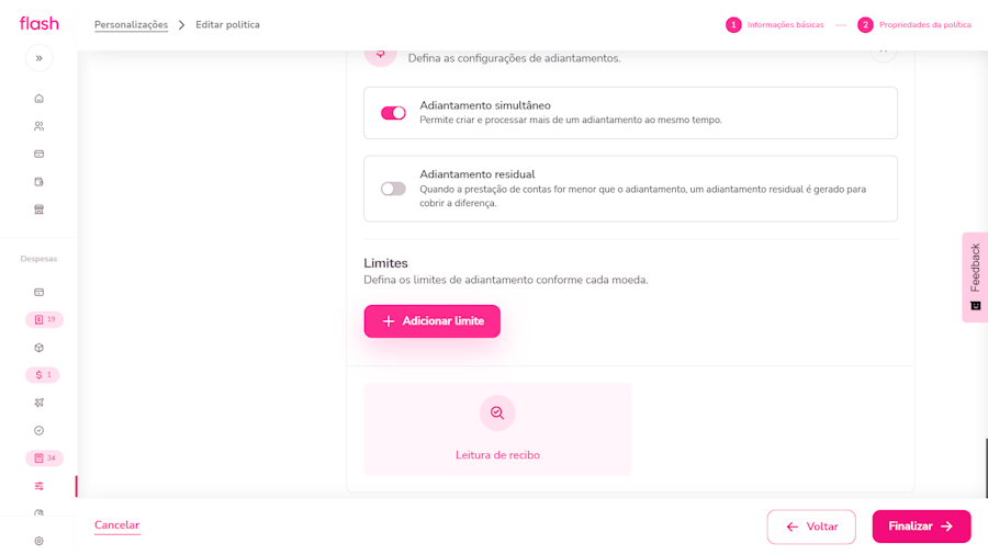 Configurar politica de despesa. Menu para definir um valor limite para a solicitação de adiantamento, clicando em “Adicionar limite”