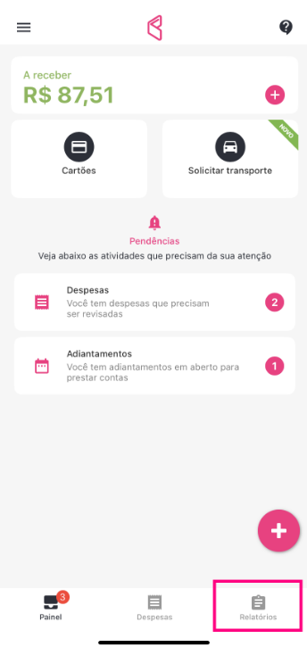 imagem do aplicativo com destaque a opção relatórios