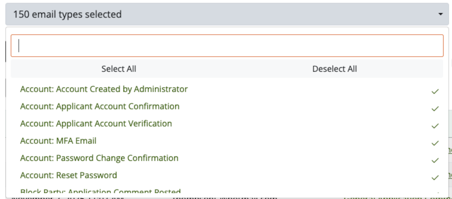 Shows the Email Types dropdown with multiple email types selected and the search bar highlighted.