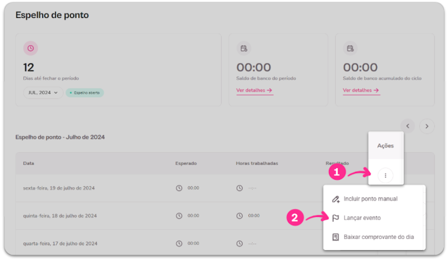 Lançar eventos de Jornada. Tela do computador colaborador para lançar eventos como férias, atestados, entre outros.