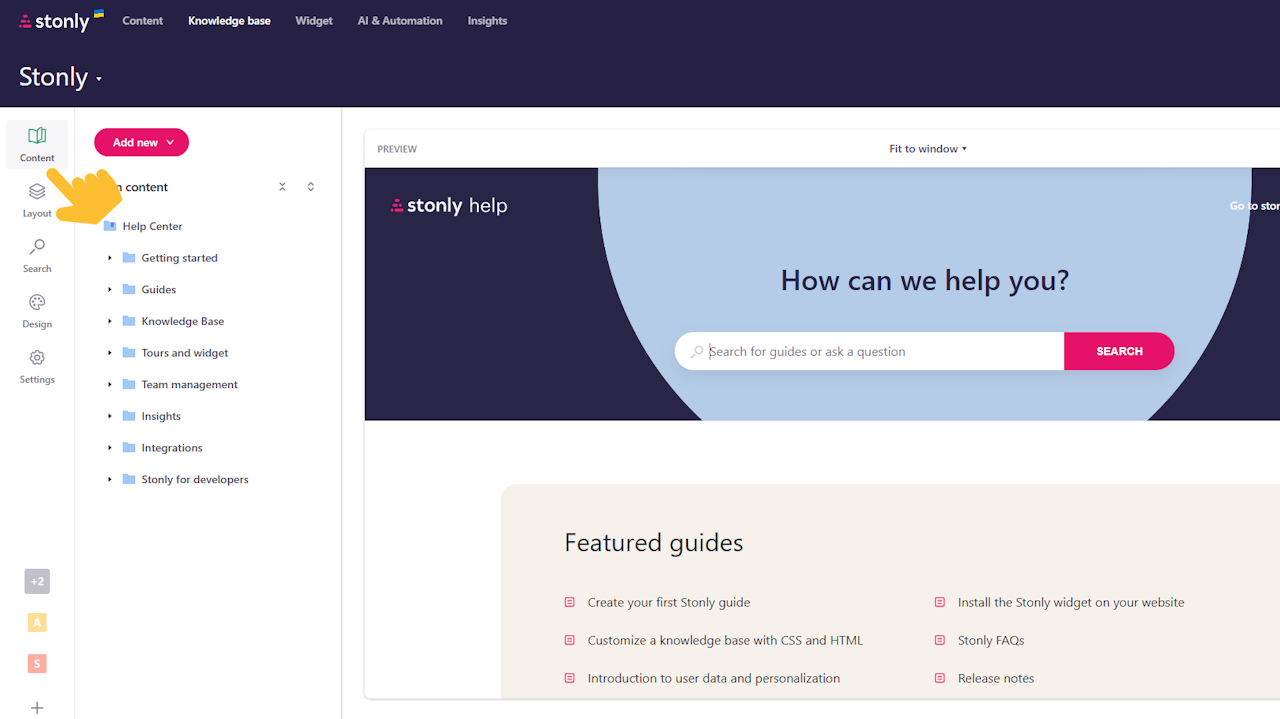 Knowledge base tab open to the Content view. - click to enlarge Knowledge base tab open to the Content view.
