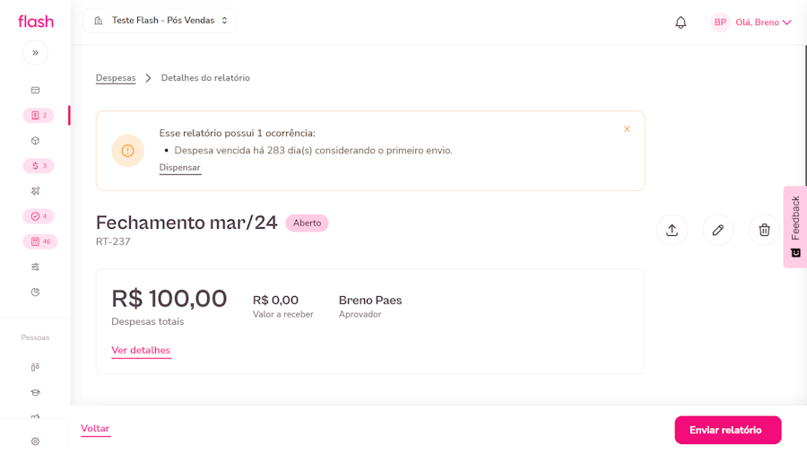 Imagem exemplo da opção de relatório com notificação que tem ocorrência.