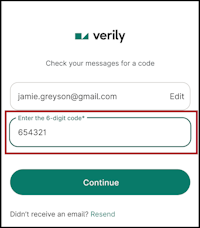 Verily login screen showing 6-digit code entry field with sample email address and Continue button
