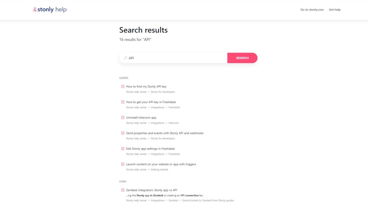 Search results page in the Stonly knowledge base. - click to enlarge Search results page in the Stonly knowledge base.