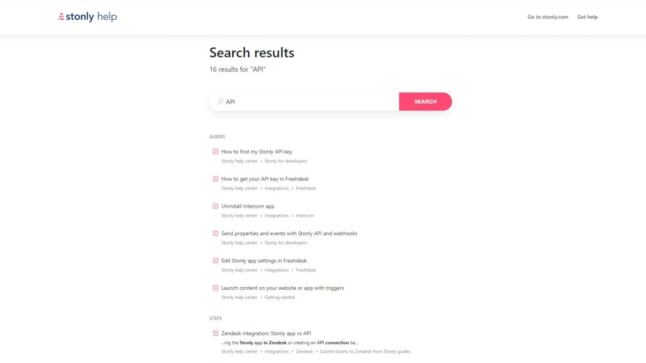 Search results page in the Stonly knowledge base. - click to enlarge Search results page in the Stonly knowledge base.