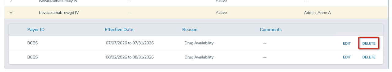 A Payer Rule expanded to show more details and with the Delete option highlighted - click to enlarge A Payer Rule expanded to show more details and with the Delete option highlighted