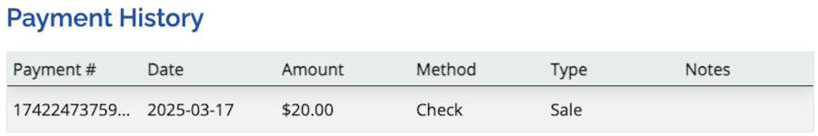 Shows the payment history for an invoice with the Date, Amount, Method, Type, and Notes displayed.